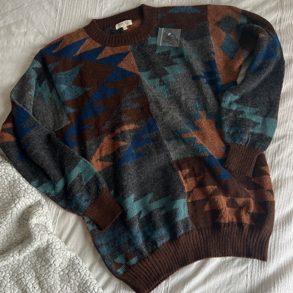 Geometric Patterned Men's Pullover Sweater 100% Alpaca